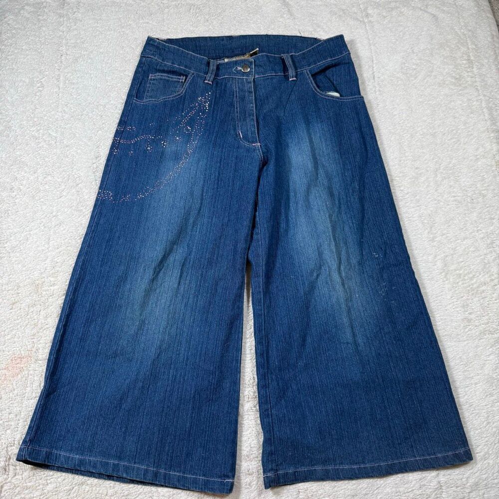 Y2K Rhinestone Wide Leg Capris Denim Jeans Women’s 2000s Embellished Flare